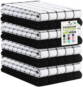 Kitinjoy Premium Kitchen Towels (16"x 28", 8 Pack), Large 100% Cotton Terry 390 GSM Kitchen Hand Towels, Ultra Absorbent Check Design Tea Towels Set with Hanging Loop, Black