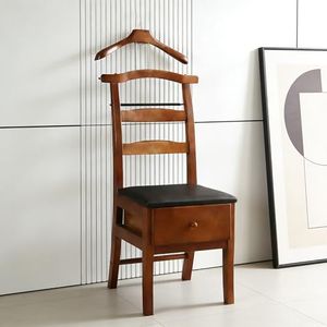 SJVKIGHU Chair Valet With Drawer,Wooden Suit Valet Stand With Contour Hanger,Trouser Bar & Tie Bar - Freestanding Clothing Organizer For Men & Women,Ideal For Office & Hotel