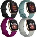 JUVEL Pack 4 Straps Compatible with Fitbit Versa 3 Strap/Fitbit Versa 4/Fitbit Sense/Sense 2 Strap, Soft Sport Silicone Replacement Wristbands for Women Men, Small Black/Pinegreen/Grey/Fuchsia