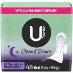 U by Kotex Security Maxi Feminine Pads with Wings, Extra Heavy Overnight Absorbency, Unscented, 48 Count (2 Packs of 24) (Packaging May Vary)