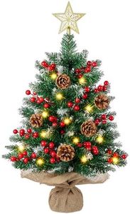 N&T NIETING Mini Christmas Tree with Lights, 61CM Table Top Tree with Star Tree Topper, Snow Flocked Artificial Xmas Tree for Home Office Desktop Party Indoor Christmas Decorations(Green)