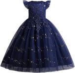 IBTOM CASTLE Girls Long Communion Princess Dresses Flower Pageant Party Wedding Floor Length Dance Evening Gowns, Sequins-navy, 6-7 Years