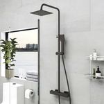 Huibathroom Thermostat Shower System, Square Thermostatic 38 °C Shower Mixer Set with Rainfall Shower Head, Handheld Shower, Riser Rail, Adjustable Height Anti Scald Matte Black Shower Set