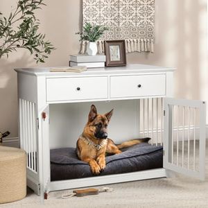 LEMBERI 44 Inch Large Dog Crate Furniture, Wooden Dog Kennel End Table with Storage Drawers, Decorative Pet Cage Dog House Indoor for Dogs