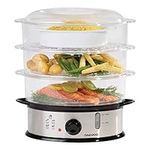 Daewoo SDA1338 3 Tier Family Size Food Steamer, Use for Variety of Foods, BPA Free Dishwasher Safe, Including Rice Bowl, Water Level Indicator, 60 Minute Timer, Energy Saving1200W, Stainless Steel, 9L