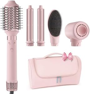 5 in 1 Hair Styler Dual Voltage - Air Wrap Curler with High-Speed Hair Dryer, Straightening & Blow Dryer Brush for Multiple Styling, Multi-Styler with Travel Case Global Edition (Pink)