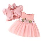 IBTOM Castle Baby Girls Floral Print Dress Cardigan 2PCS Set Newborn Infant Sleeveless Cotton Dresses with Bow Coat Brithday Dress Toddler Girls Clothes Short Sleeve Pink 9-12 Months