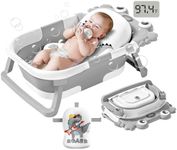 Collapsible Baby Bathtub for Newborns to Toddler with Real-time Temp Monitor & Floating Cushion,Portable Travel Tub for 0-36 Month, Foldable Baby Bath Tub for Infants Boy (Grey)