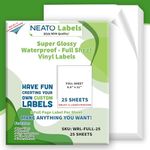 Printable Vinyl Sticker Paper - 25 Super Glossy Waterproof Labels for Inkjet and Laser Printers - Premium White Full Sheets - Strong Adhesive - Tear Resistant