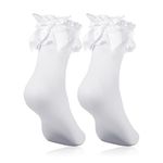 Geyoga Frilly Socks Opaque Ruffle Lace Socks Women Lace Socks with Bow Girls Ankle School Socks Rich Frilly Lace Top Socks Princess Socks Dress Socks (White)