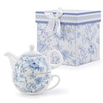 EHC Orchids Design Porcelain Tea for One Tea-Pot with Handle, Microwave Safe, Oven Safe, Dishwasher Safe, Gift Boxed, Tea Pot 490/Cup 320ml