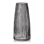 Hollyone Glass Vase for Flowers, Decorative Flower Vase Grooved Glass Vase Ins Style Modern Vase Grey Crystal Vase Table Decoration for Home, Office, Living Room, Kitchen Decor