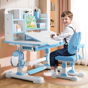 LINASHI Desk for Kids, Kids Desk and Chair Set Height Adjustable for Girls, Kid Study Table and Chair Set with Widened Desktop Storage Drawer (Blue-H)
