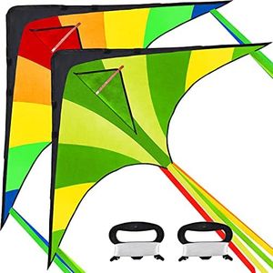 JOYIN 2 Packs Large Delta Kite Green and Multicolor Kite Easy to Fly Huge Kites for Kids and Adults with 262.5 ft Kite String, Large Delta Beach Kite for Outdoor Games and Activities