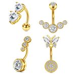 WillTen 14G 10mm Belly Button Bars Stainless Steel Women Reverse Belly Ring Butterfly Double Heart Diamond CZ Gold Navel Piercing Jewellery