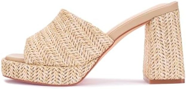 Raffia Platform Heels for Women – Chunky Block Open Toe Woven Slides, Natural Straw Summer Dressy Vacation Sandals, Comfortable Heeled Slip On Mules, Brown Size 8.5