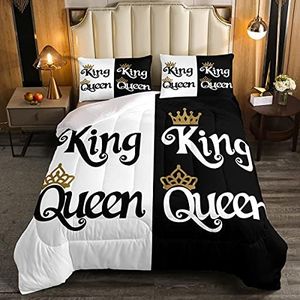 Erosebridal King and Queen Crown Comforter Set Black White Couple Bedding Set for Adult Women Men,His Her Mr Mrs Quilt Duvet Sets Wedding Valentines Gift Bedroom Decor King Size 2 Pillow Cases