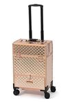 Adson Beauty Rolling Makeup Train Case Cosmetic Trolley 4 Tray Sliding Rail with Key Swivel Wheels Salon Case Cosmetic Organizer Storage Large Travel Case (Metallic Daimond Cut Glow Rose Gold)