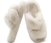 COFACE Women’s Fluffy Slippers Open Toe Cosy Faux Fur Slide Slippers Ladies Comfy Memory Foam House Slippers Fashion Furry Slip On Platform Slippers with Arch Support Indoor Outdoor Sole Size 6