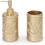 Harry Potter Bathroom Soap Dispenser Set - 2 Piece Gold Hogwarts Crest Collection Includes Resin Lotion Pump and Tumbler Cup - Bathroom Décor