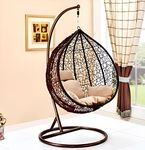 Hindoro Rattan Wicker Wrought Iron Single Seater Swing Chair with Stand & Cushion & Hook Outdoor || Indoor || Balcony || Garden || Patio || Living Outdoor Furniture (Brown with Beige, Oval)