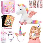 Echehi Unicorn Gifts For Girls 15 Pcs, Unicorn Toys Box Includes Unicorn Plush, Scratch Artcards, Hair Clips, Hair Band, Bracelet Necklace, Unicorn Toys For Girls Age 3-8 Birthday