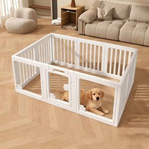 Clear Acrylic Dog Playpen, 60cm Height 10 Panel Puppy Playpen, Clear Plastic Pet Play Pen Indoor Use, Easy Assemble Acrylic Dog Playpen for Dogs, Puppy, Rabbit, Cats (White, 150x100x60cm)