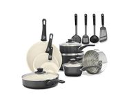 GreenLife Soft Grip Healthy Ceramic Nonstick, 16 Piece Cookware Pots and Pans Set, PFAS-Free, Dishwasher Safe, Black & Cream