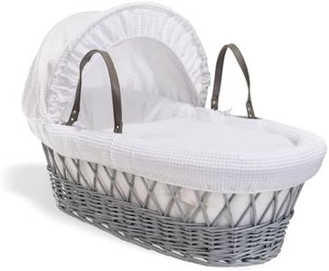 Clair de Lune Waffle Grey Wicker Moses Basket with Bedding, Includes Mattress, Hood, Padded Liner, Coverlet, Hand Woven Sturdy Breathable Baby Bassinet, Suitable from Birth | (White)