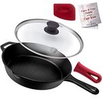 Cast Iron Skillet with Lid - 10"-Inch Frying Pan + Glass Cover + Heat-Resistant Handle Holder - Pre-Seasoned Oven Safe Cookware - Indoor/Outdoor Use - Grill, Stovetop, Camping Firepit, Induction Safe