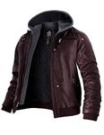 Wantdo Men's Motorcycle Leather Jacket Warm Biker Coat with Hood Wine Red Small(Thick)