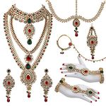 Lucky Jewellery Red Green Alloy Kundan & Cz Stone 8Pc Bridal Jewellery Set for Women (3600-WZK-RED-G)