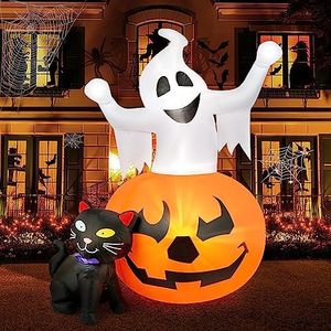 5 FT Halloween Inflatables Outdoor Spooky Pumpkin and Witch' s Black Cat Combo Inflatable Decor, Halloween Blow Up Yard Decorations Clearance with Build-in LED Lights, Halloween Outdoor Decorations