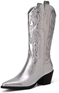 CIERWS Women's Embroidered Western Silver Cowgirl Boots Cowboy Boots Mid Calf Boots Metal PU Medium Heel Fashion Retro Classic Middle Boots