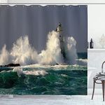 Ambesonne Lighthouse Decor Collection, Lighthouse in Sardinia Italy Splashing Surfing Travel Locations Landmark Image, Polyester Fabric Bathroom Shower Curtain Set, 75 Inches Long, Teal Blue Gray