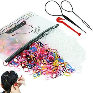 Hanyousheng Elastici Capelli, Elastici Piccoli per Capelli, 1000 Pezzi Mini Elastici Treccine per Capelli, Colorati/Trasparente, per Tessitura e Ragazza Capelli Fini, 2 Pezzi Topsy Tail Capelli