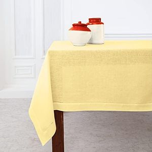 Solino Home Linen Yellow Tablecloth 60 x 156 Inch - Classic Hemstitch, 100% Pure Linen Rectangular Tablecloth - Machine Washable Table Cloth for Spring, Summer