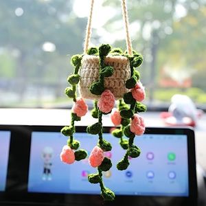 Boho Car Plant Crochet Hanging Accessories Crochet Plants for Car Rear View Mirror Cute Car Pink Plants for Women1