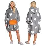 OHS Heated Oversized Hoodie Hearts Print, Electric Sherpa Lined Fleece Womens Plush Soft Jumper Wearable Throw Valentine Gifts for Her - Charcoal Grey