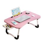 Lap Desk with Storage Drawer, Holders for Cup and Tablet, Tray Table with Foldable Legs, Laptop Bed Stand, Portable Standing Table for Sofa Couch Floor (23.6", Pink)