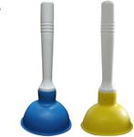 Coralpearl Hand Drain Plunger Small Force Pump Cleaner Plumber Helper Unclogger Tool Short Little Clog Remover for Kitchen Sink, Bathroom Toilet, Shower Tub in 4 Inch Cup 9" Bar Handle (Blue+Yellow)