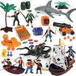 Pirate Action Figures Playset with Boat, Treasure Chest, Cannons, Shark, Pirate Ship-Pirate Toy Ship Toys, Kids Pretend Adventure Playset Figures, Birthday Gifts for Age 2 3 4 5 6 Year Old Boys Girls