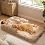 Bedsure Foldable Human Dog Bed for People Adult, 2 in 1 Corduroy Fleece Calming Human Size Giant Waterproof Dog Bed Fits Pet Families with Egg Foam, Faux Fur Orthopedic Dog Sofa, Tuscan Beige