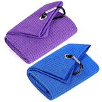 Golf Towel, 2 PackPremium Microfiber Fabric Waffle Pattern Towels, Heavy Duty Carabiner Clip (2 Pcs, 2 Colors) (Blue and Purple)