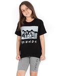 FRIENDS Pyjamas For Girls | Kids Portrait Black T Shirt With Charcoal Logo Cycle Shorts | TV Show Loungewear Merchandise 10-11 Years