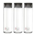 CELLO H2O Glass Fridge Water Bottle with Plastic Cap | Leak proof & break-proof | Wide mouth & Easy to Clean | Best Usage for Office/School/College | Set of 3, 920ml | Black