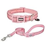 Petiry Puppy Collar and Lead Set,Adjustable Reflective Dogs Collar with Soft Neoprene Padded for Extra Small Dogs Neck 22 to 29cm,Lead Size 1.5 x 150cm,Pink,XS