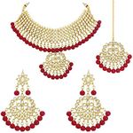 Aheli Indian Traditional Maang Tikka with Kundan Necklace Earrings Set Ethnic Wedding Party Designer Jewelry for Women (Red)