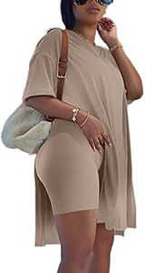 qfmqkpi Lounge Sets for Women Fashion 2Pcs Set V Neck Side Slit Stretch Shirt Elastic Waist Slim Shorts Jogger Set Khaki L