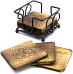 StonKraft Wooden Tea Coffee Coasters/Rustic Vintage Look Coasters Set with Wrought Iron Holder